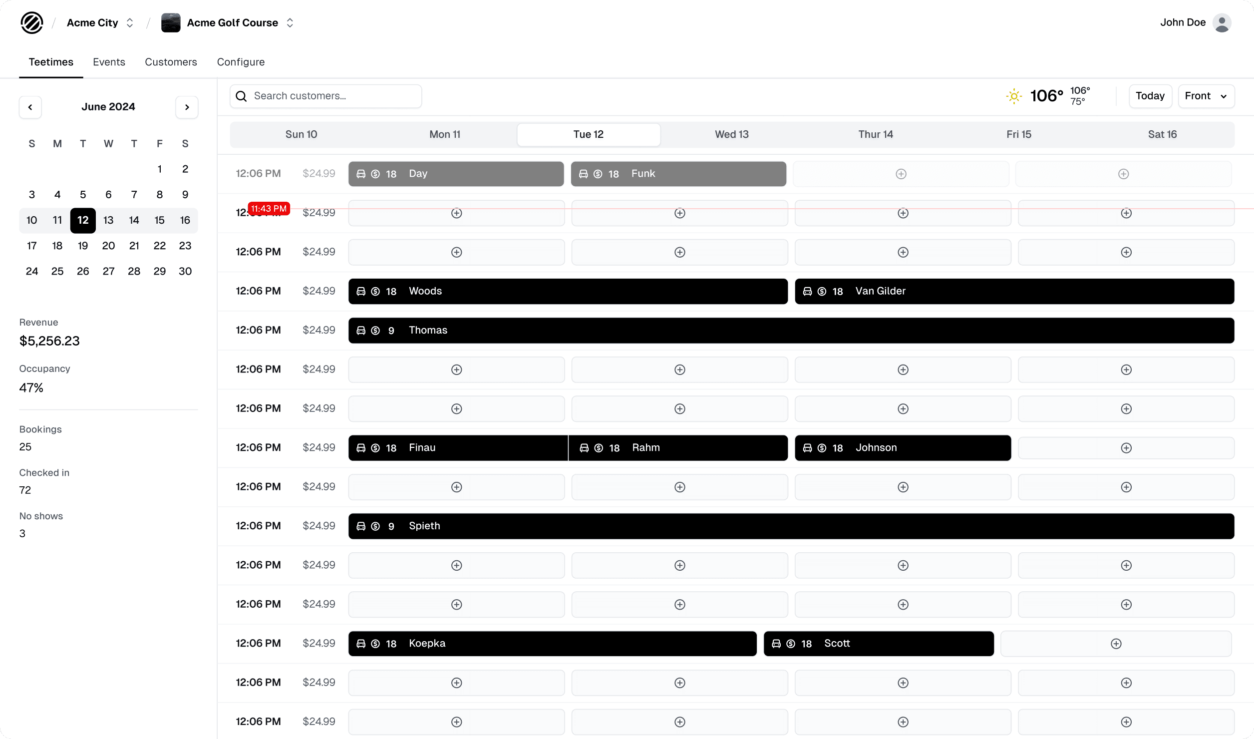 Tee sheet management interface