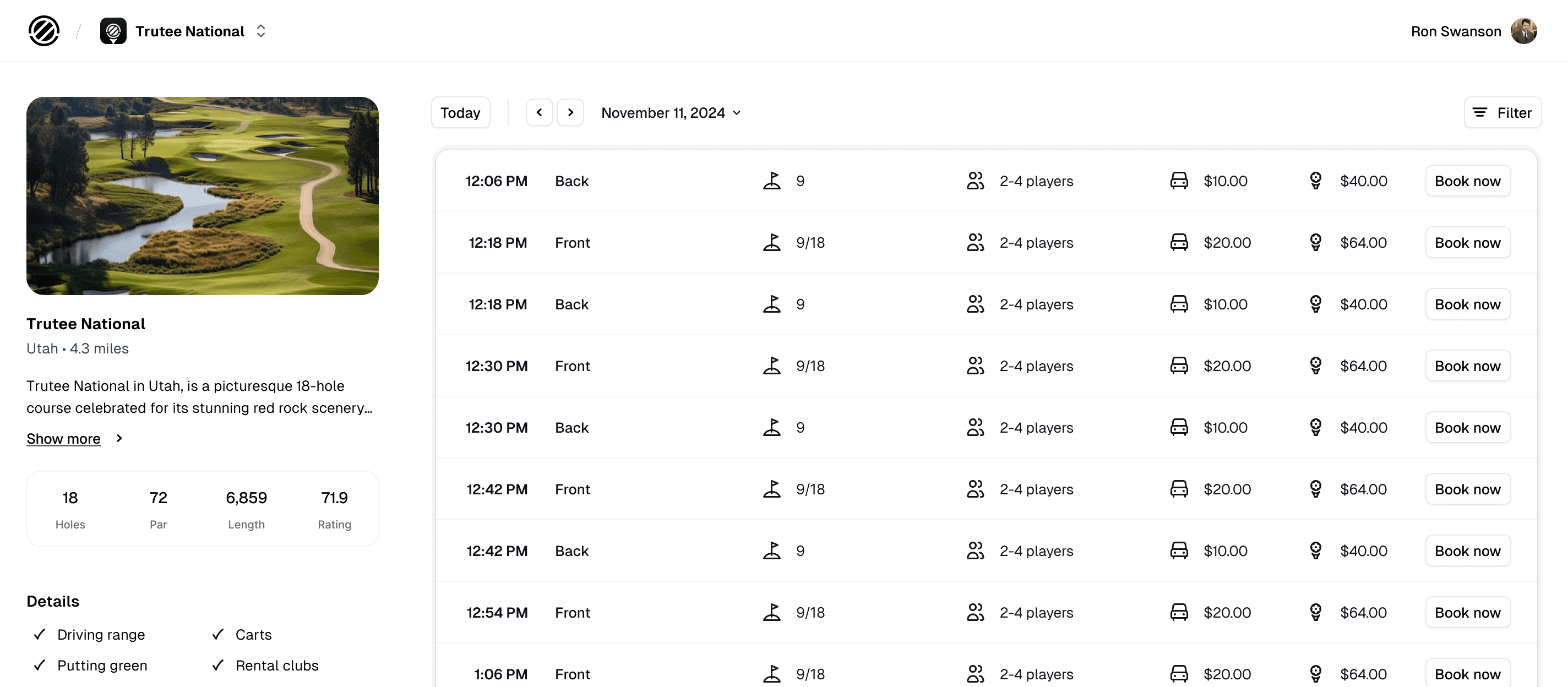 Calendar interface showing tee time management