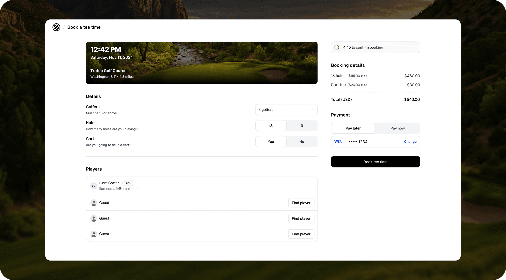 Trutee's tee time booking page with golfers, holes, cart, and payment options