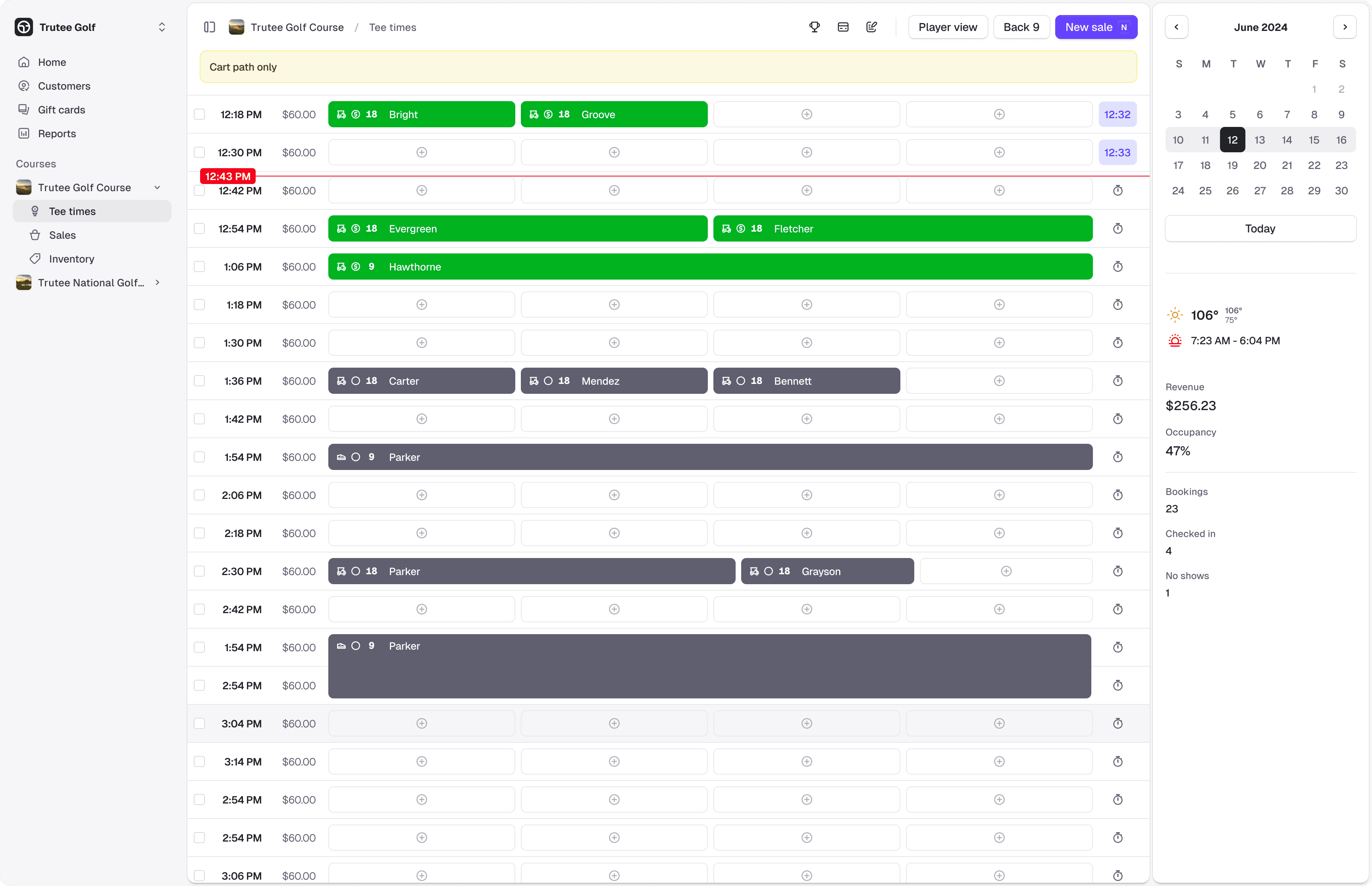 Trutee tee sheet and operations interface